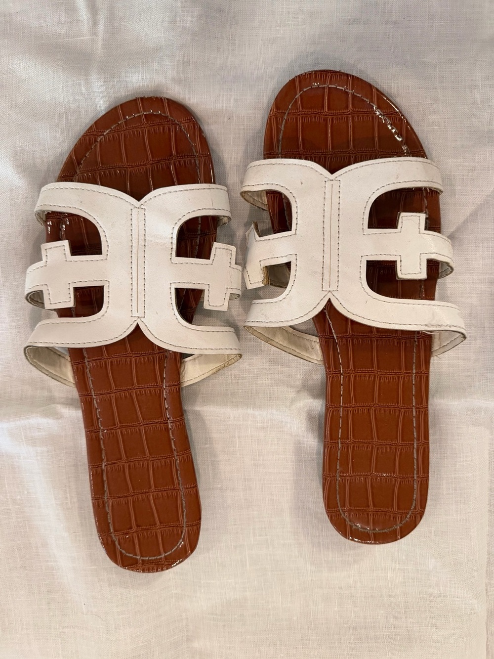 White Leather Cutout Slide Sandals with Brown Croc-Effect Footbed